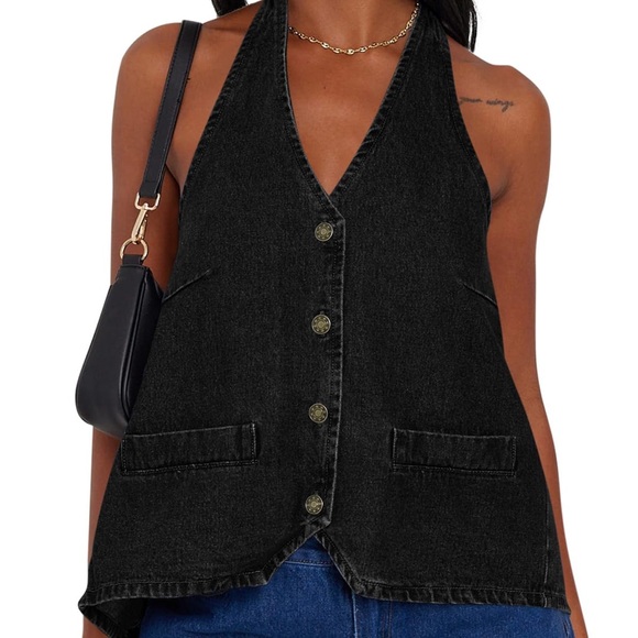 NWOT Halter Denim Vest Top – Open Back, V-Neck, Button Down Jean Shirt -Med - Picture 1 of 7